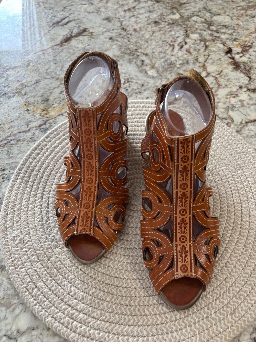Spring Step Tan Brown Leather Cutout Heels
